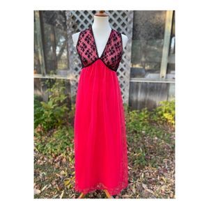 Vintage FRENCH MAID 50s 60s Nightgown Maxi Lingerie Red Black Lace Sheer Sz S